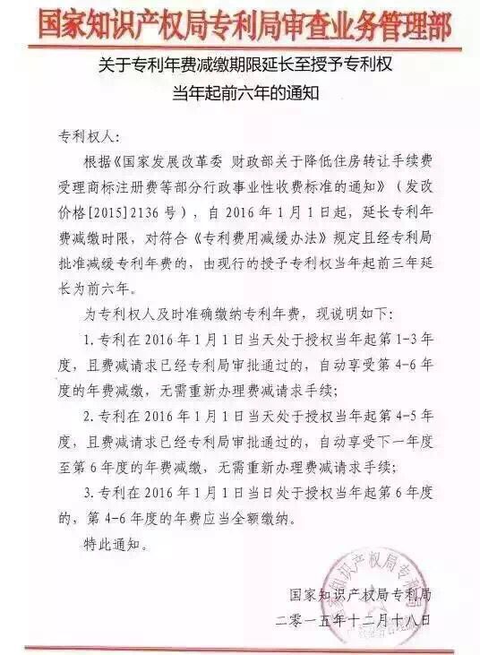 國家知識產權局：專利年費減緩自動延長6年（附通知全文）