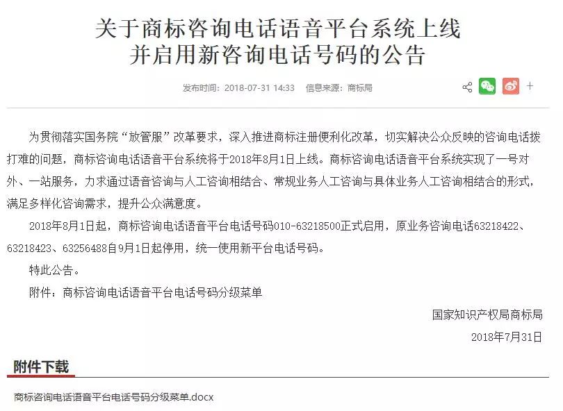 商標局：商標咨詢電話語音平臺系統上線并啟用新咨詢電話號碼