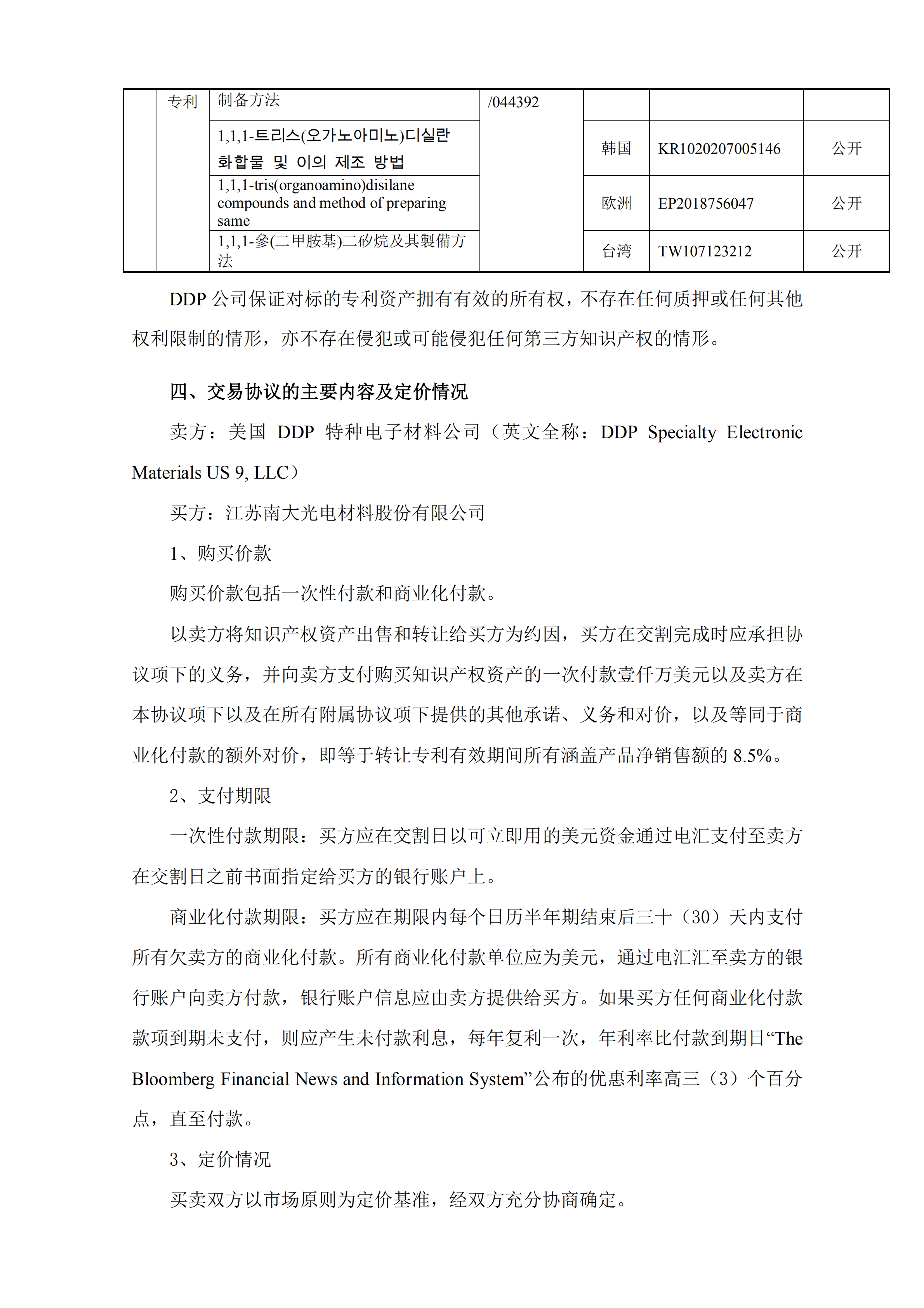 南大光電擬以1000萬美金+專利有效期所有涵蓋產(chǎn)品凈銷售額的8.5% 購買19項專利資產(chǎn)組