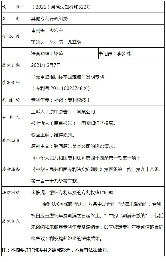 未繳足專利年費或滯納金導(dǎo)致專利權(quán)終止，是否合理合法？（附判決書）