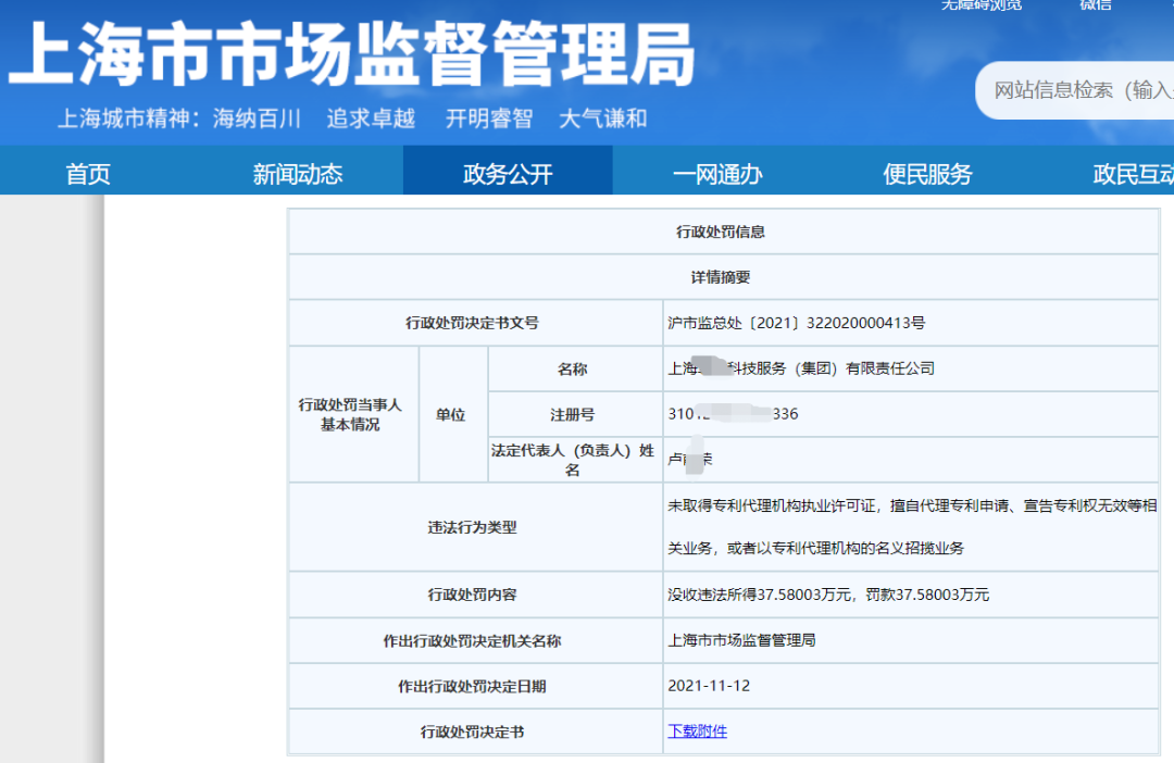 因擅自代理1138件專利申請被沒收違法所得37萬元，并罰款37萬元！