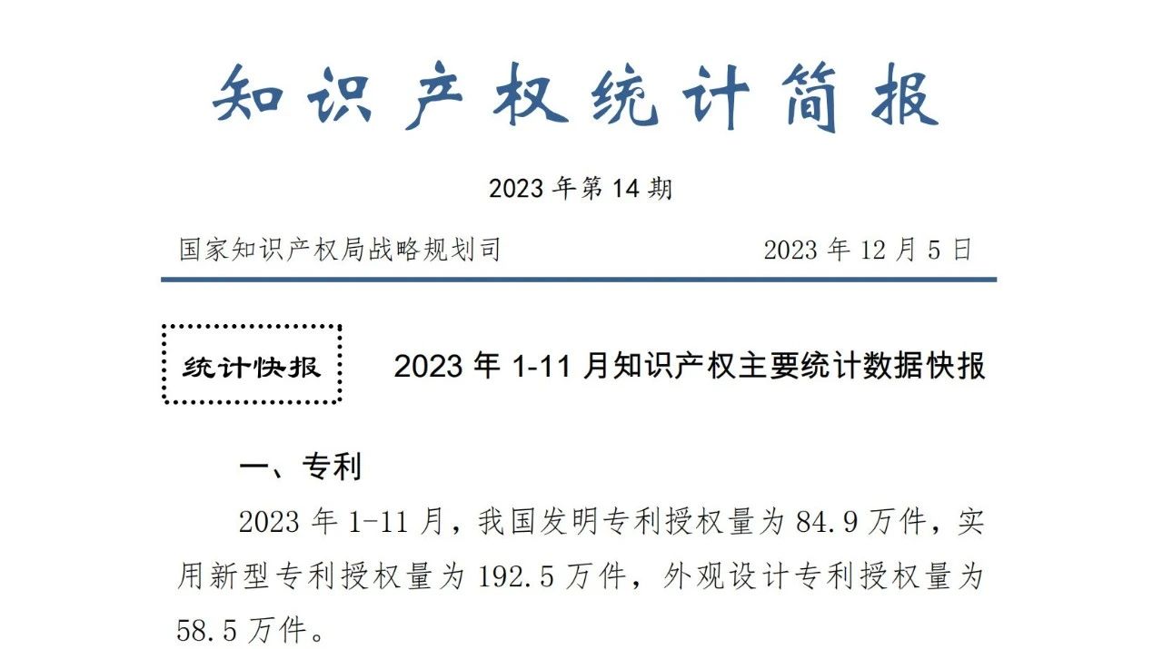 2023年1-11月專利、商標、地理標志等知識產(chǎn)權(quán)主要統(tǒng)計數(shù)據(jù) | 附數(shù)據(jù)詳情