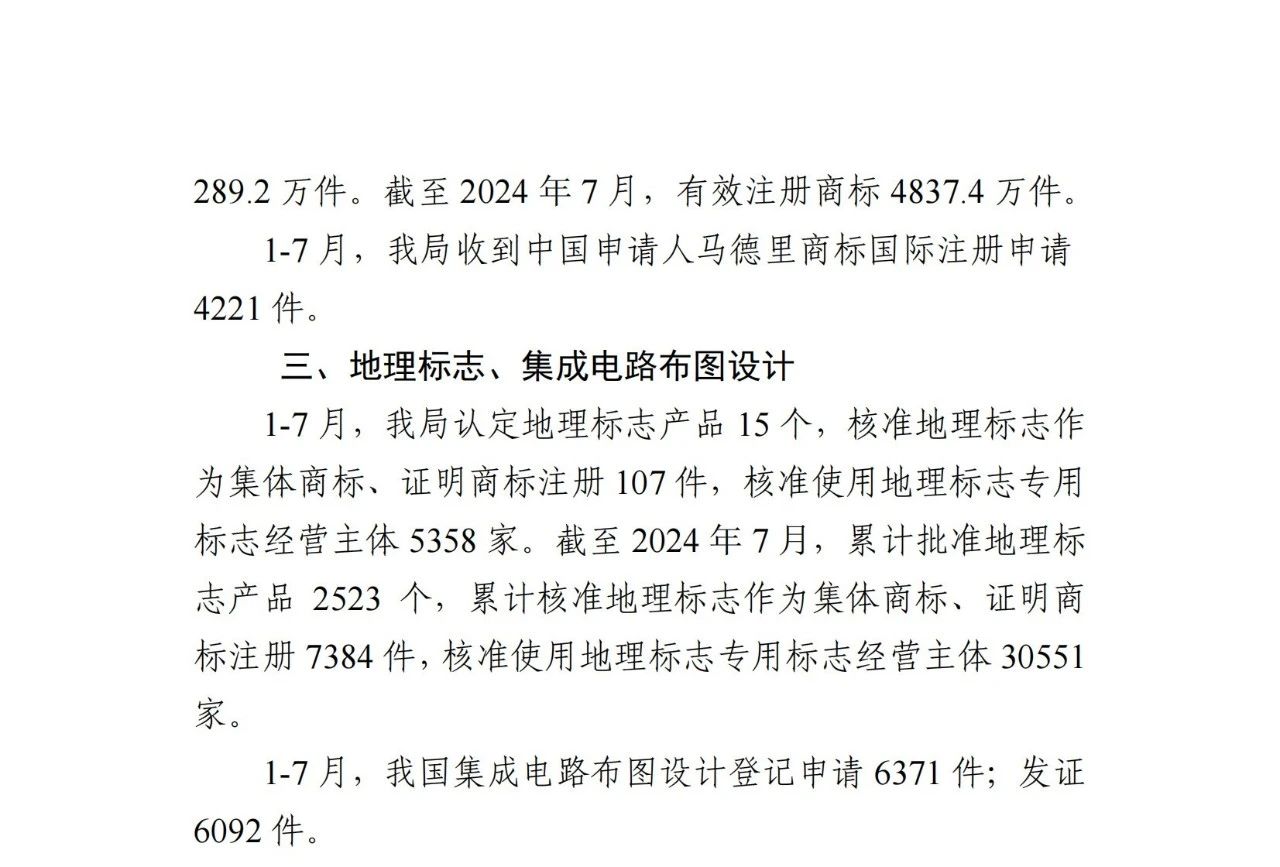 2024年1-7月專利、商標、地理標志等知識產(chǎn)權(quán)主要統(tǒng)計數(shù)據(jù) | 附數(shù)據(jù)詳情