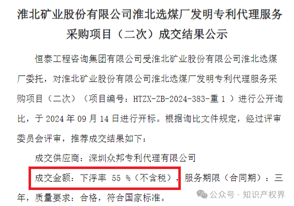 專代協(xié)會抵制的招標終止了，但低價代理又出現(xiàn)了，下浮率55%，專利未授權(quán)要退費......