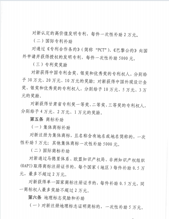 中國專利金獎獎勵30萬元！《隴南市知識產(chǎn)權保護獎勵補助辦法》來啦