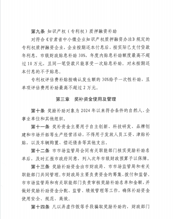 中國專利金獎獎勵30萬元！《隴南市知識產(chǎn)權保護獎勵補助辦法》來啦