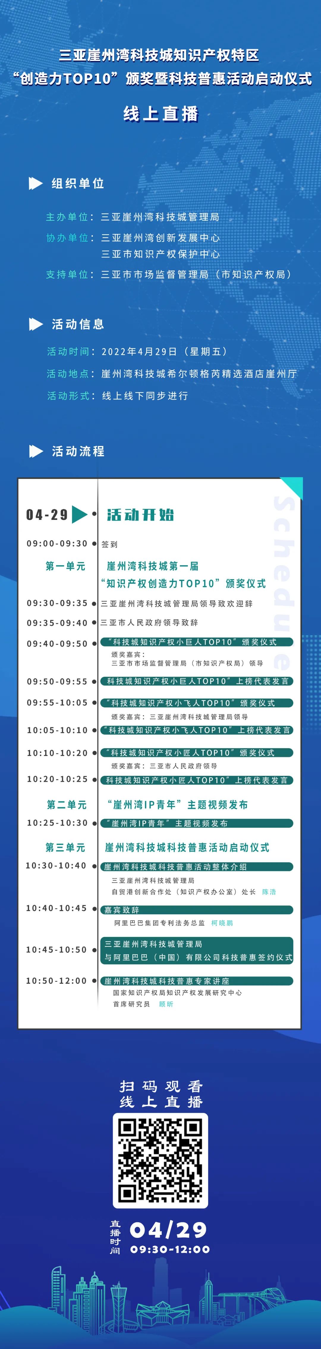 明天上午9:30直播！三亞崖州灣科技城知識(shí)產(chǎn)權(quán)特區(qū)“創(chuàng)造力TOP10”頒獎(jiǎng)暨科技普惠活動(dòng)啟動(dòng)儀式來了